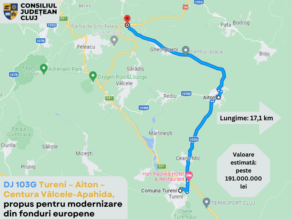 Drumul de conexiune de 17 km de la Tureni către Varianta Ocolitoare Cluj Est a fost propus spre modernizare din fonduri europene.