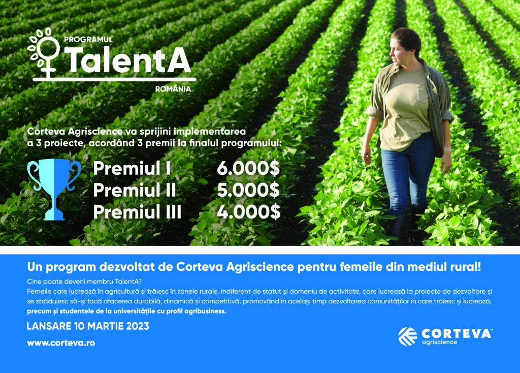 Corteva Agriscience a anunțat prelungirea înscrierii în TalentA 2023, program educațional gratuit pentru dezvoltarea competențelor profesionale în managementul afacerilor și agricultură, dedicat femeilor inovatoare din mediul rural.