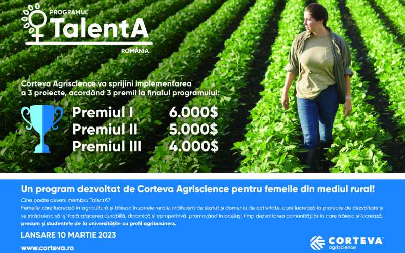 Corteva Agriscience a anunțat prelungirea înscrierii în TalentA 2023, program educațional gratuit pentru dezvoltarea competențelor profesionale în managementul afacerilor și agricultură, dedicat femeilor inovatoare din mediul rural.