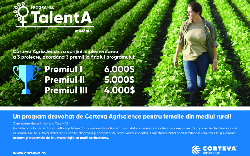 Compania agricolă internațională Corteva Agriscience anunță finalizarea selecției participantelor la inovatorul program educațional de finanțare TalentA 2023, dedicat dezvoltării și susținerii femeilor talentate care lucrează în agricultură în mediul rural, pentru a contribui la îmbunătățirea securității alimentare a societății, în cadrul eforturilor de sustenabilitate corporativă.