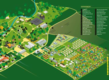 Harta Electric Castle cuprinde porțile de acces, poziționarea celor 12 scene, locurile pentru mâncare, băutură și servicii, punctele de experiențe, parcările, facilitățile existente în camping. 