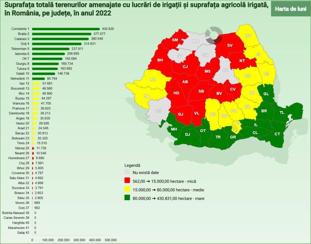 Organizația Ecoteca a realizat harta terenurilor amenajate cu lucrări de irigații și suprafața agricolă irigată, în România, pe județe, în anul 2022.