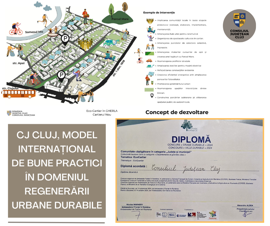 Consiliul Județean (CJ) Cluj a câștigat concursul Orașul Durabil 2024, categoria județe și municipii, pentru modul în care a conceput, pentru acest municipiu, proiectul de regenerare urbană a Cartierului Nou din Gherla.